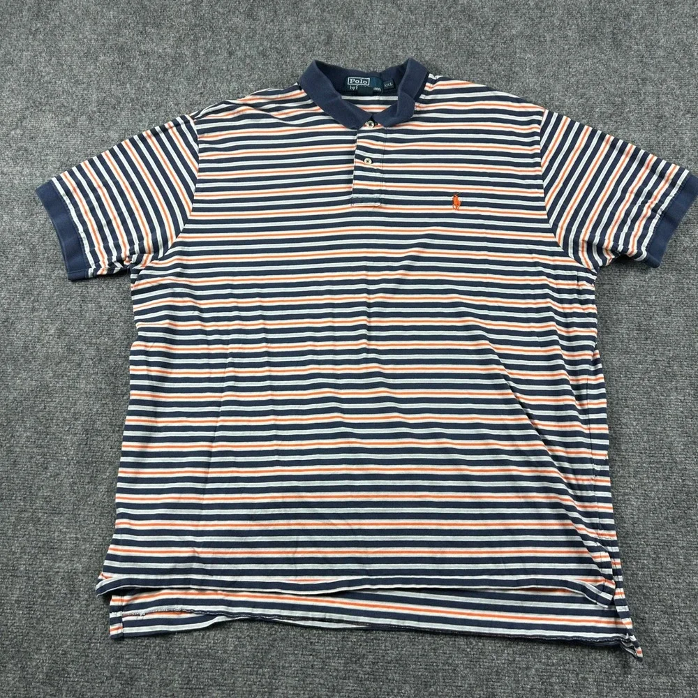 Polo Ralph Lauren Polo Shirt Mens XXL Navy Orange Striped Short Sleeve Cotton